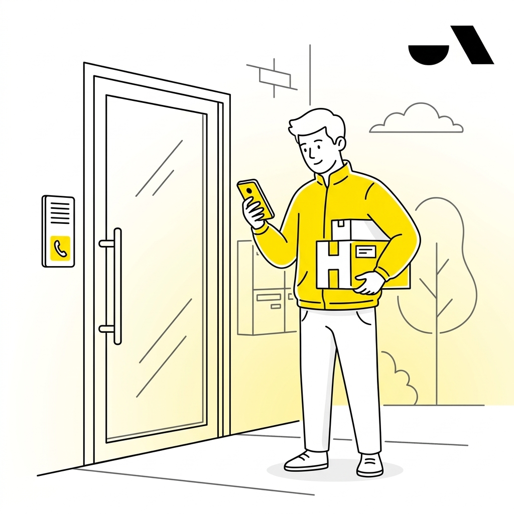 Ilustración de un transportista en la puerta de un edificio consultando su celular