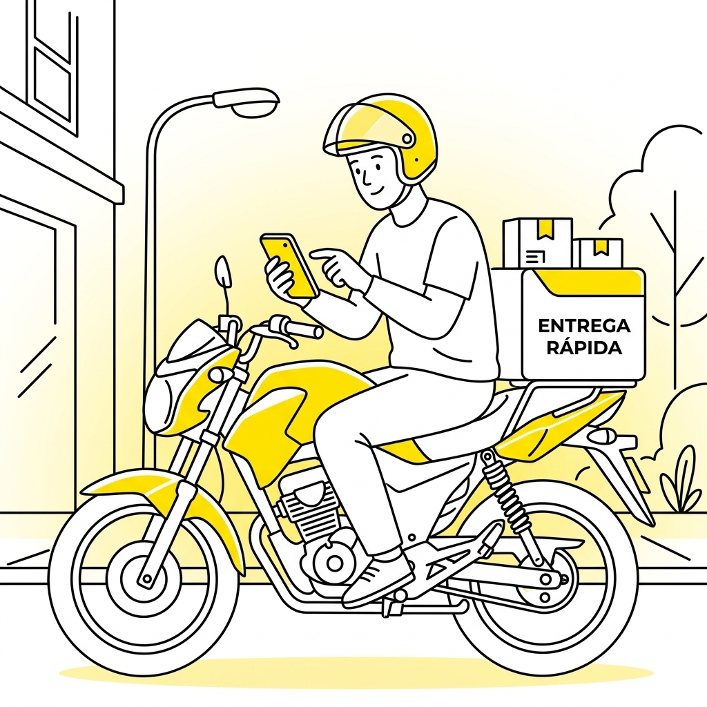 Ilustración de un transportista en moto consultando la app Envíos Flex